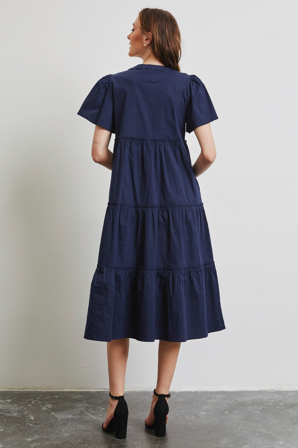 HEYSON Full Size Navy Blue Cotton Poplin Ruffled Tiered Midi Dress