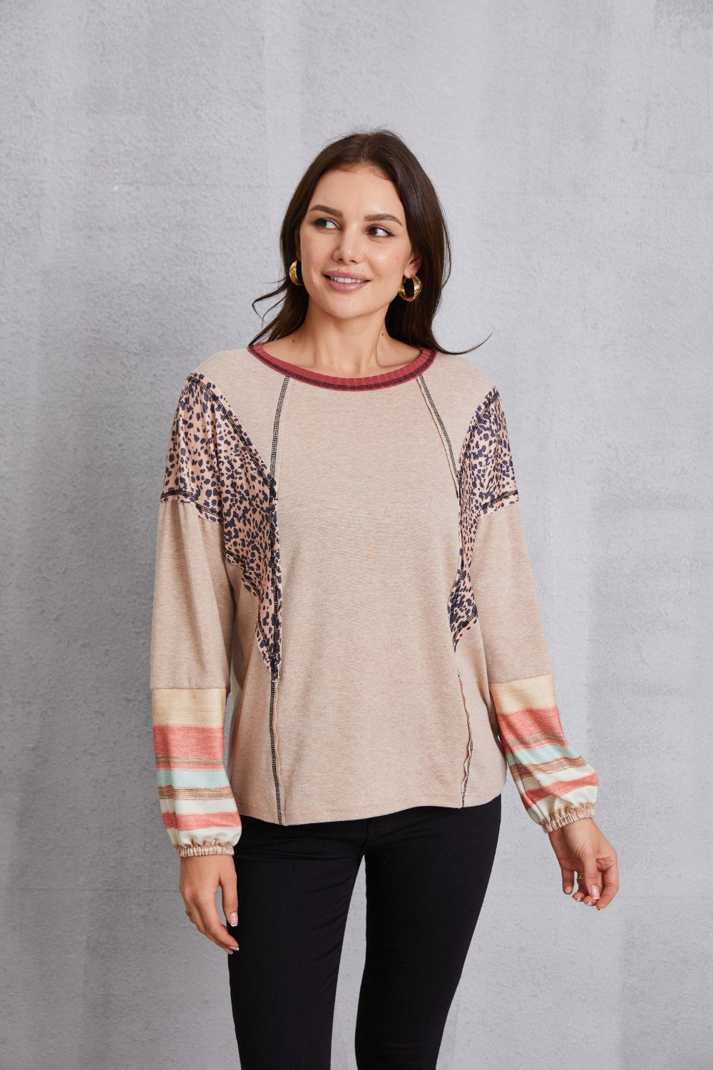 Contrast Stitching Leopard Long Sleeve Blouse