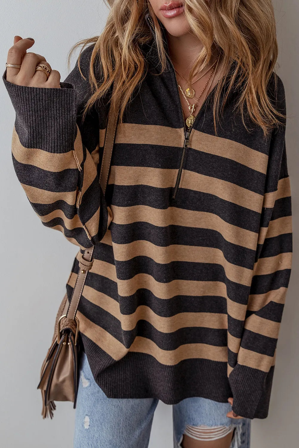 Striped Half Zip Long Sleeve Knit Top