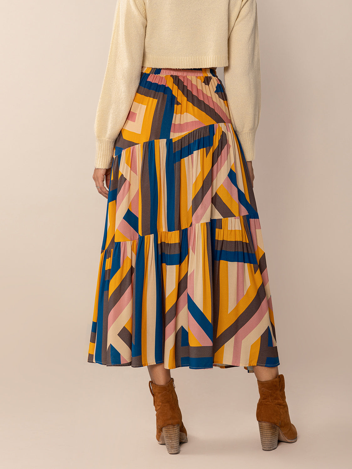 Ruched Elastic Waist Contrast Midi Skirt