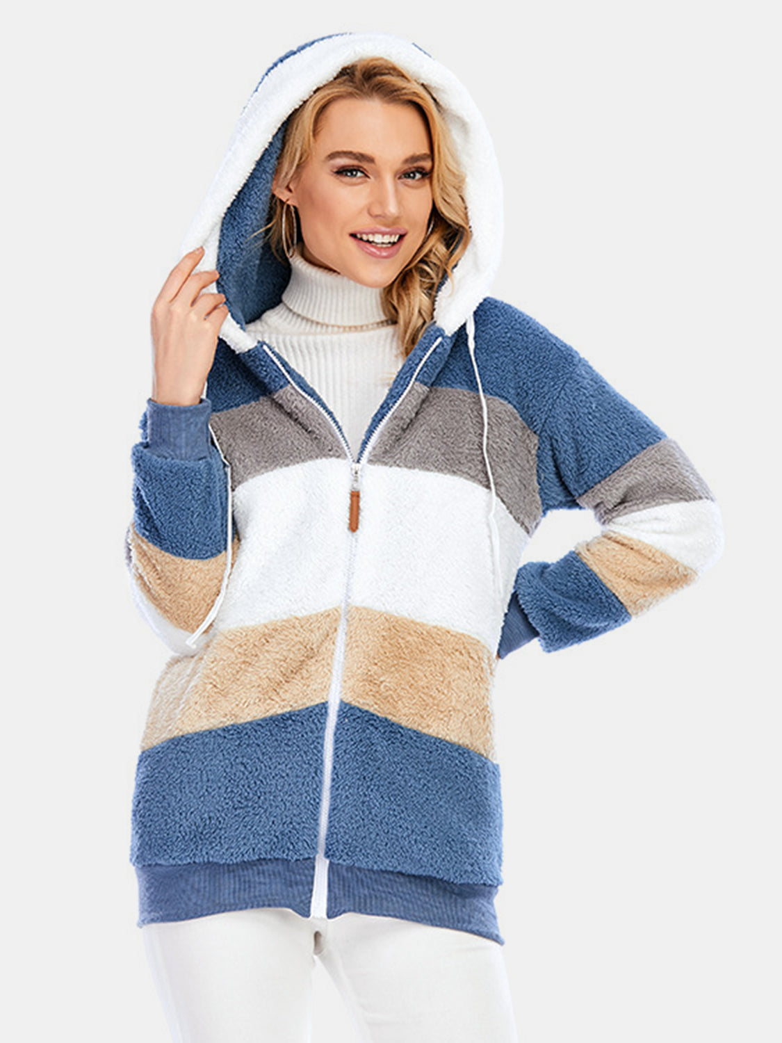 Full Size Drawstring Color Block Zip Up Hooded Outerwear