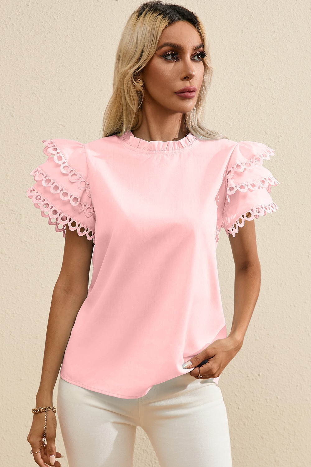 Ruffled Eyelet Round Neck Cap Sleeve Blouse