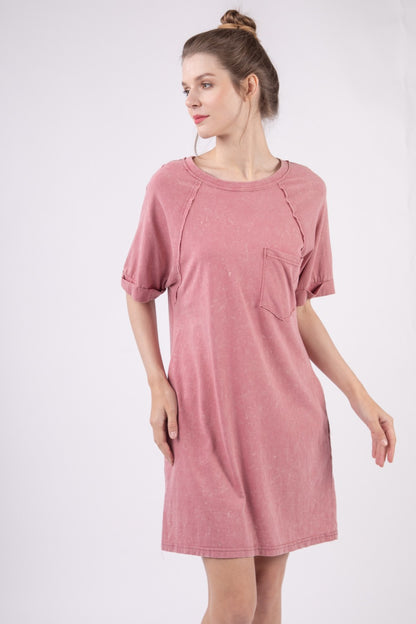 VERY J Washed Mauve Round Neck Mini Tee Dress