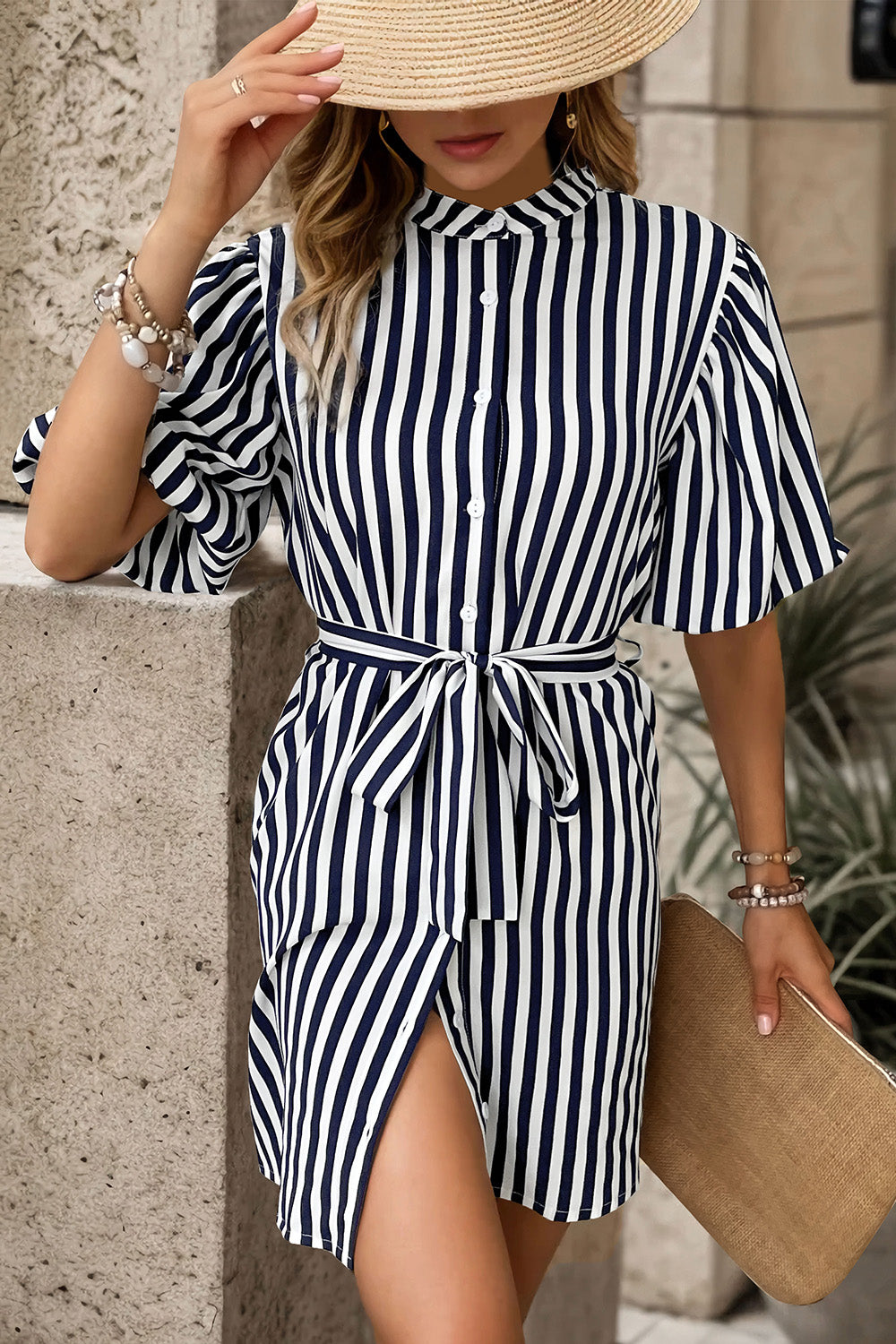 Striped Button Up Tie Waist Mini Dress