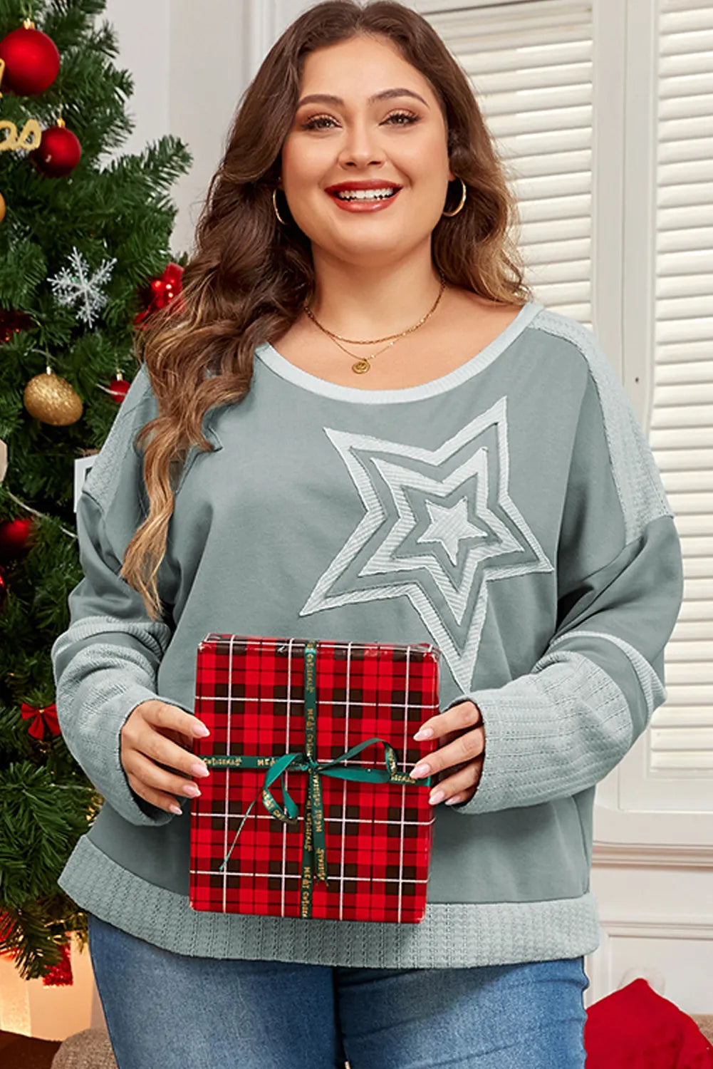 Plus Size Star Round Neck Long Sleeve Top