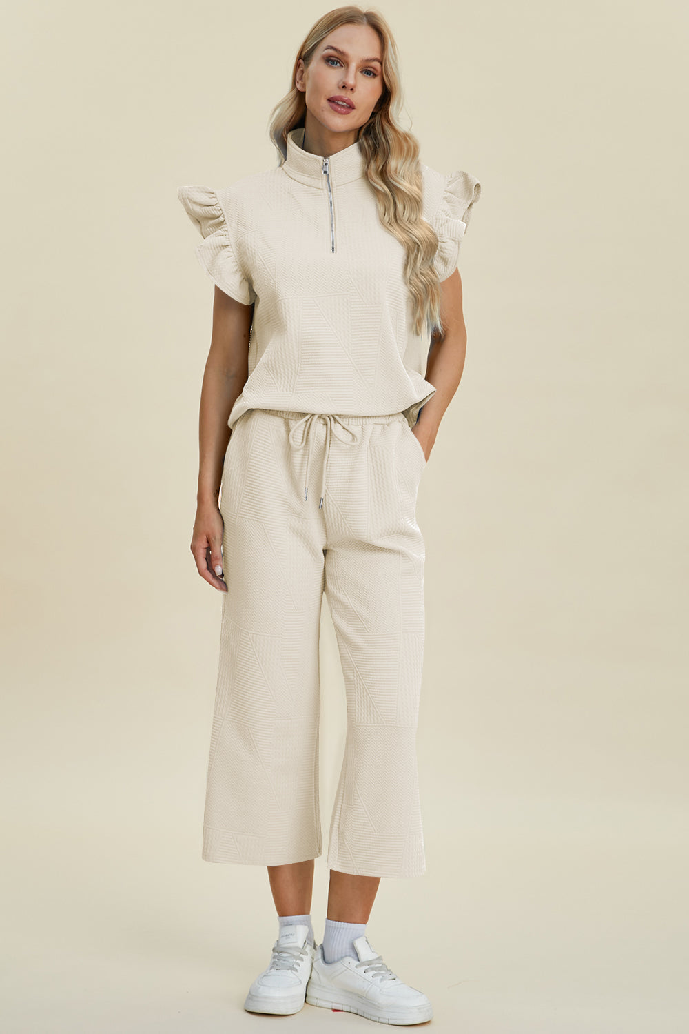 Double Take Full Size Texture Ruffle Short Sleeve Top and Wide Leg Pants Set