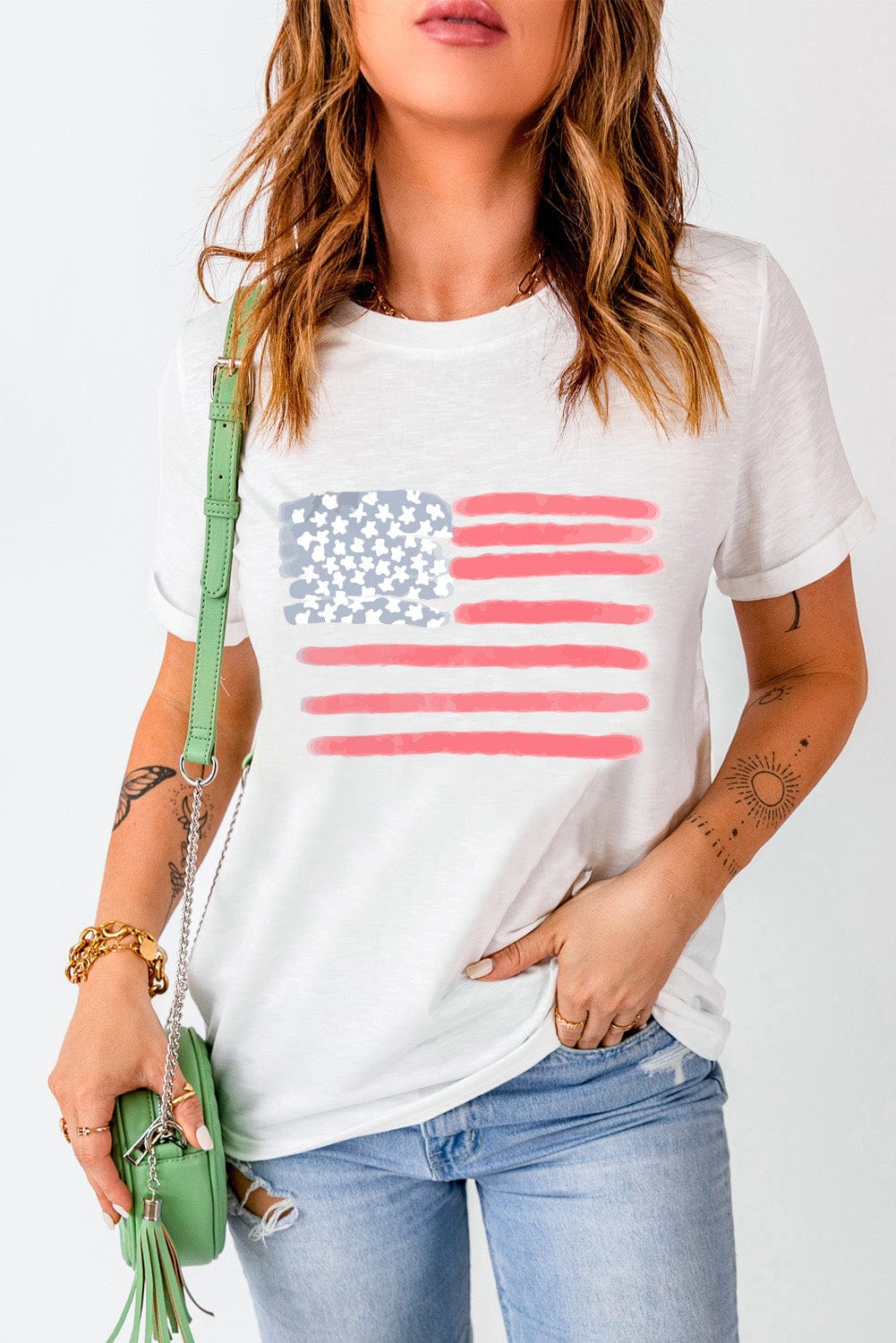 Full Size US Flag Round Neck Short Sleeve T-Shirt