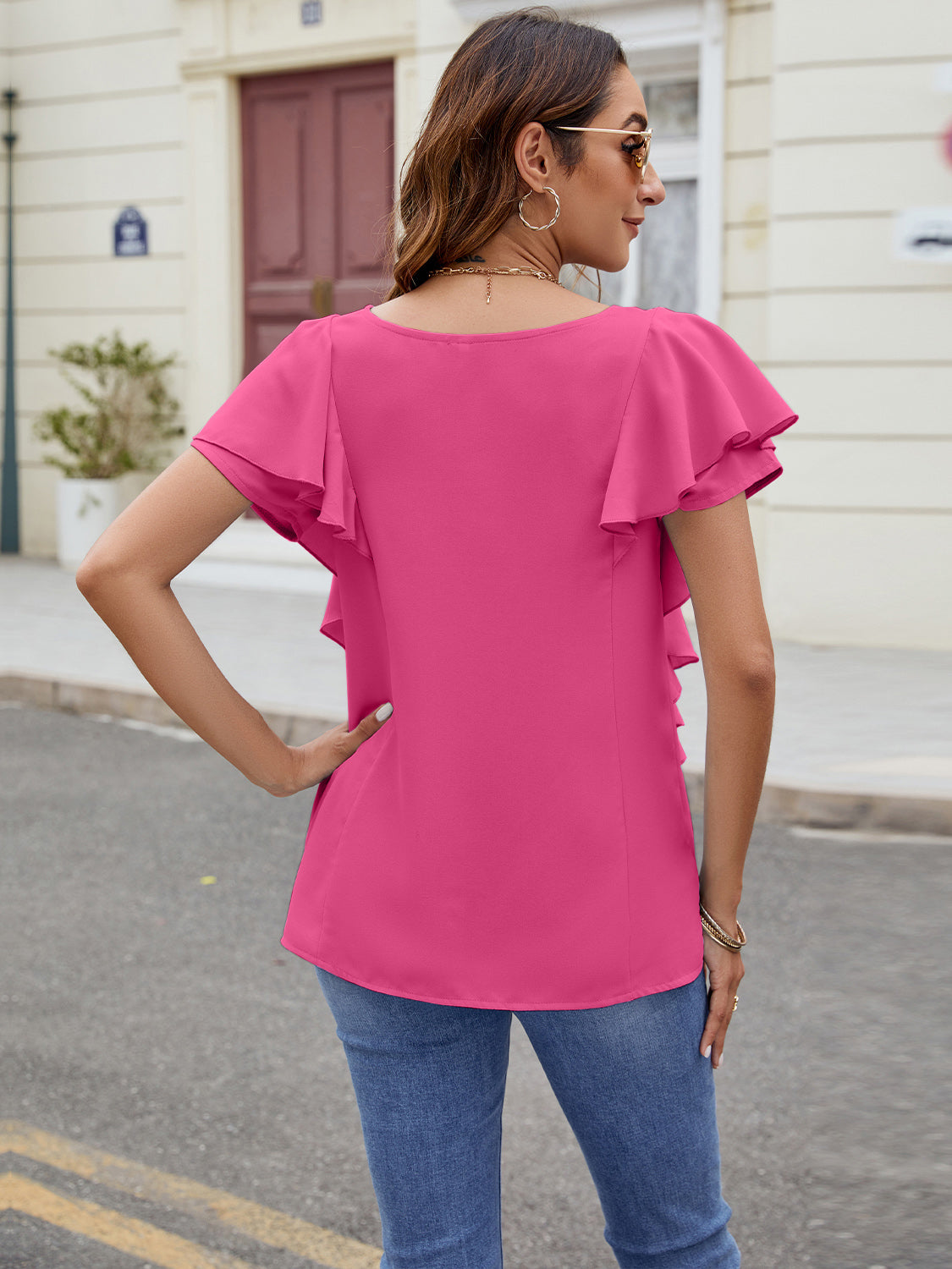 Full Size Ruffled V-Neck Short Sleeve Top