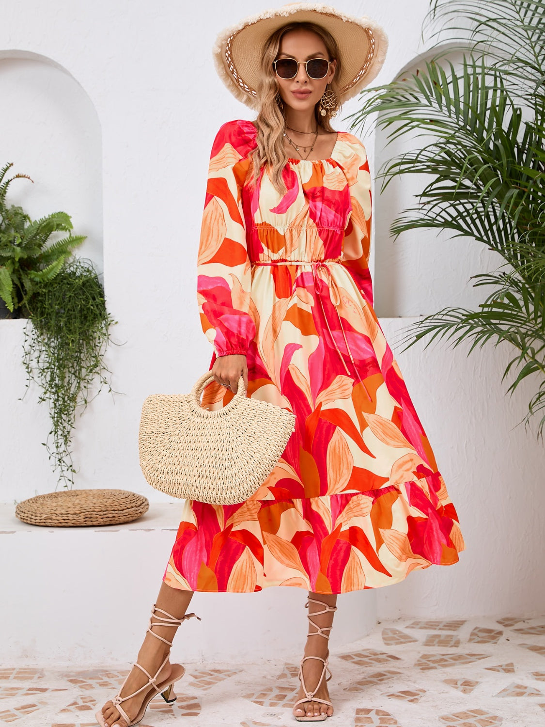 Full Size Printed Long Sleeve Midi Dress