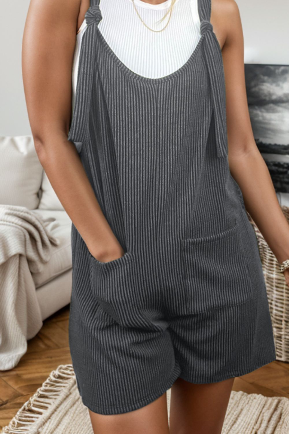 Scoop Neck Striped Wide Strap Romper