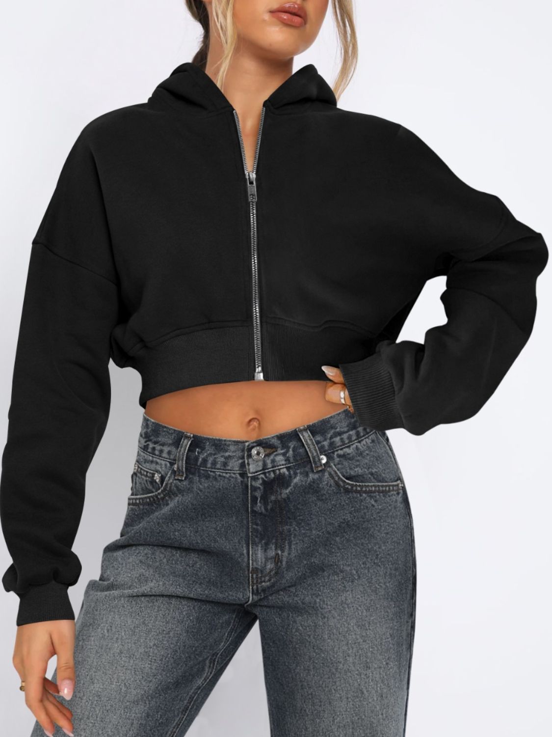 Zip Up Long Sleeve Hooded Cropped Jacket