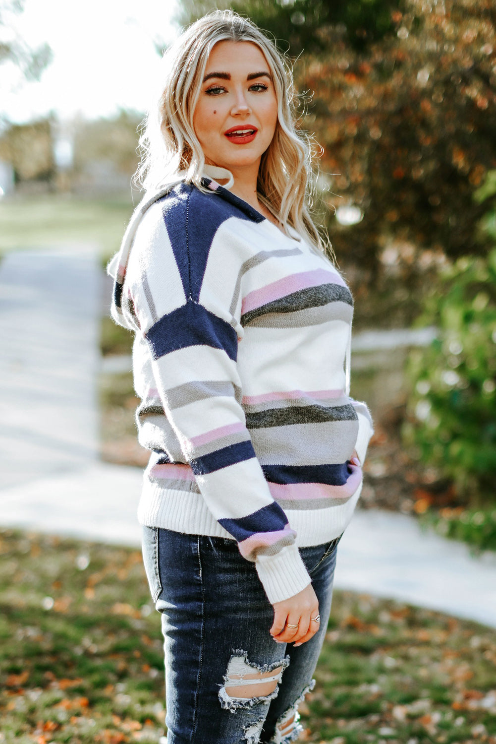 Plus Size Striped Long Sleeve Hooded Sweater