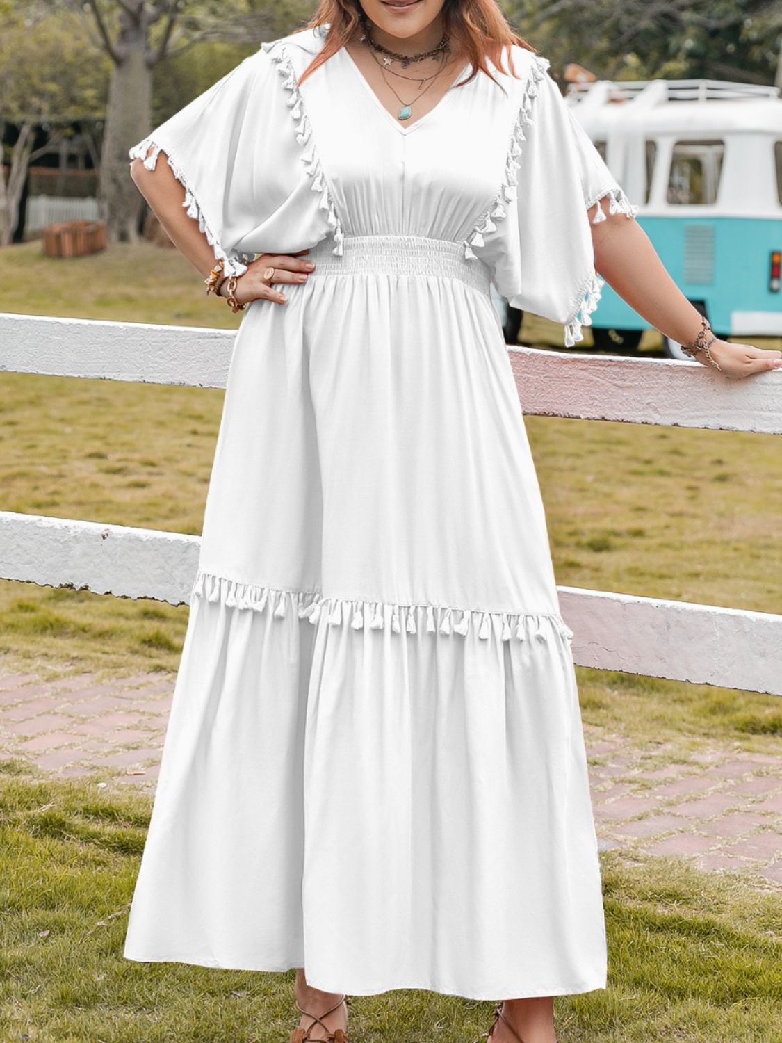 Plus Size Tassel Smocked V-Neck Half Sleeve White Dress