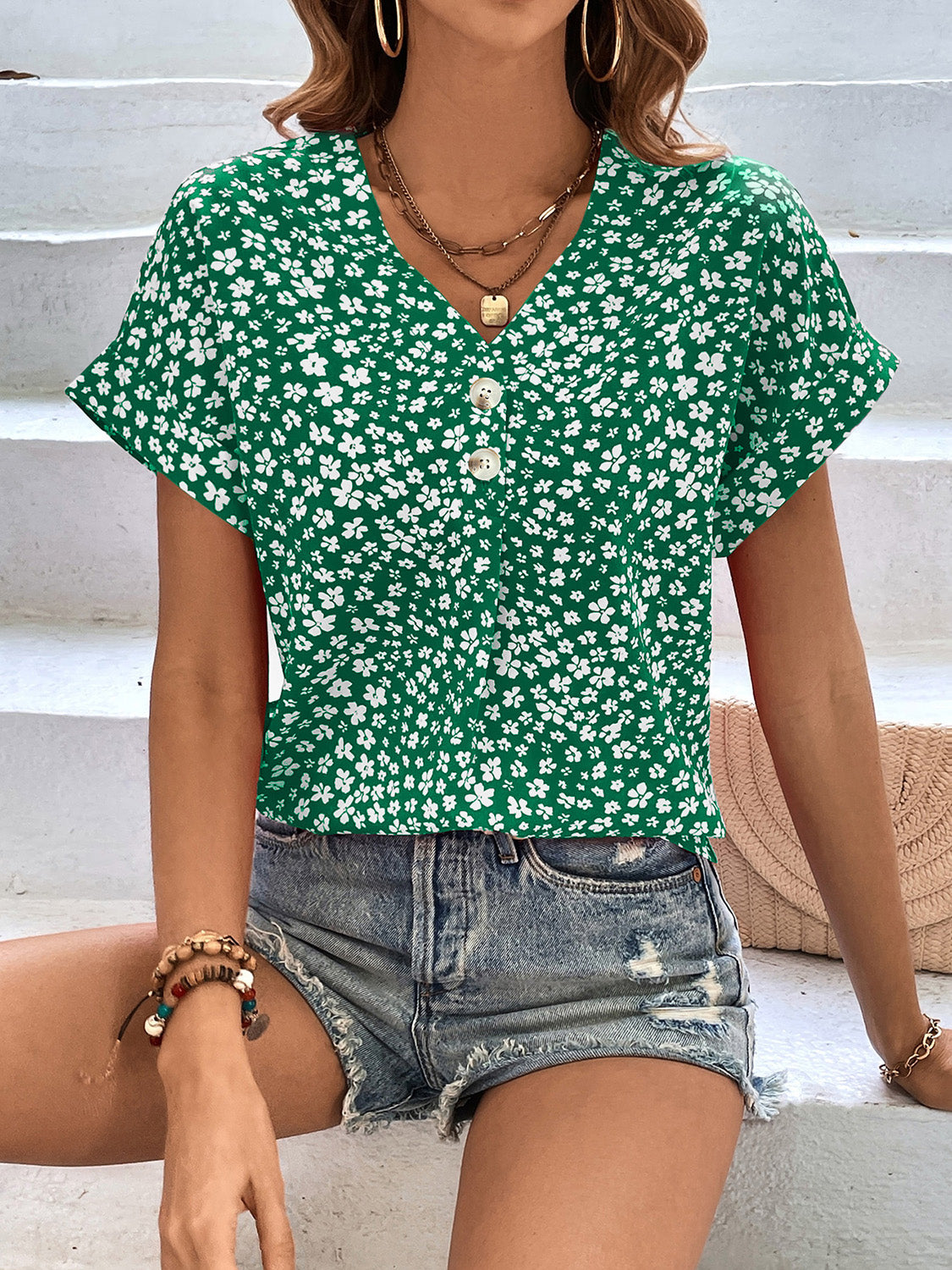 Printed V-Neck Short Sleeve Blouse