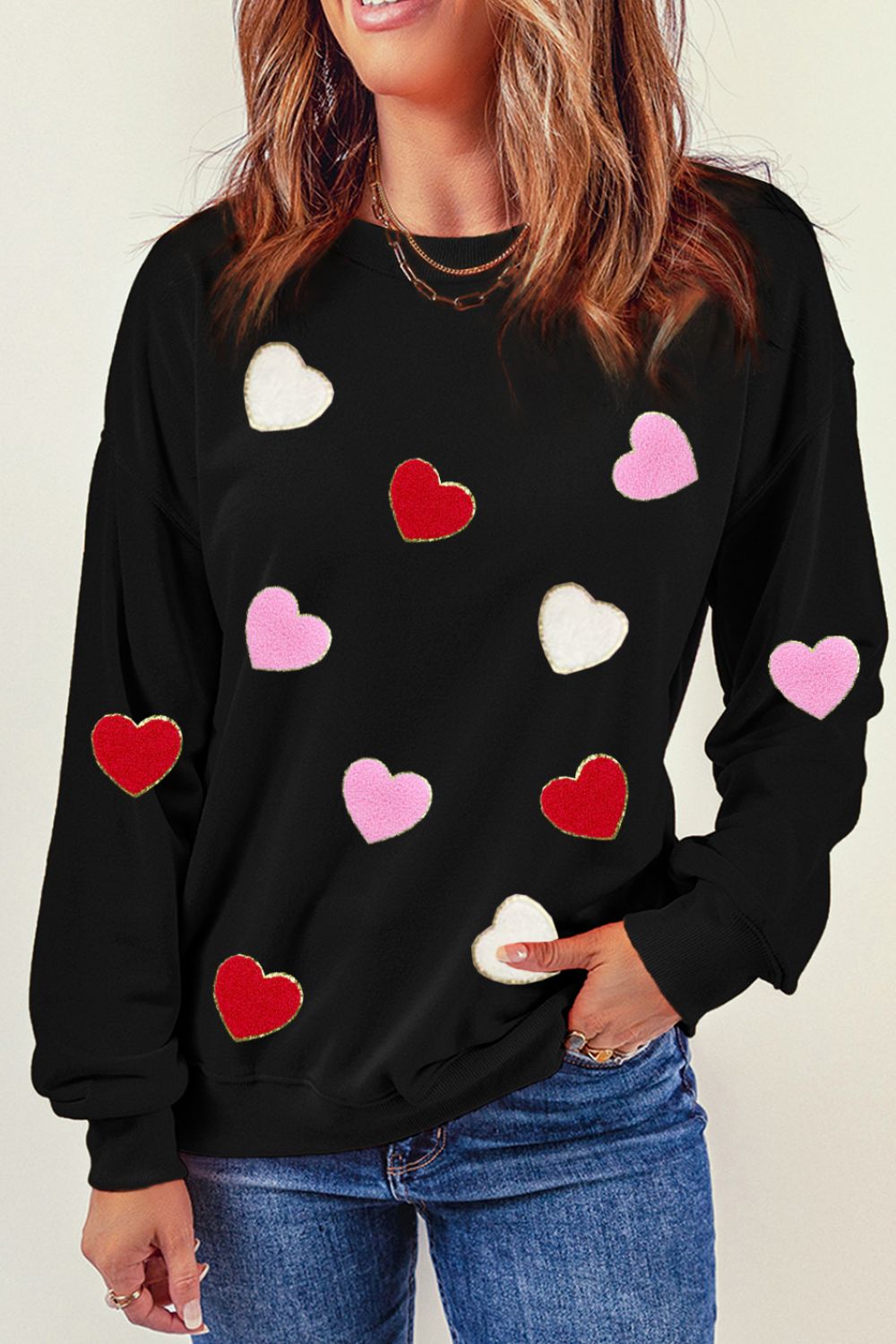 Valentine's Day Contrast Heart Long Sleeve Sweatshirt