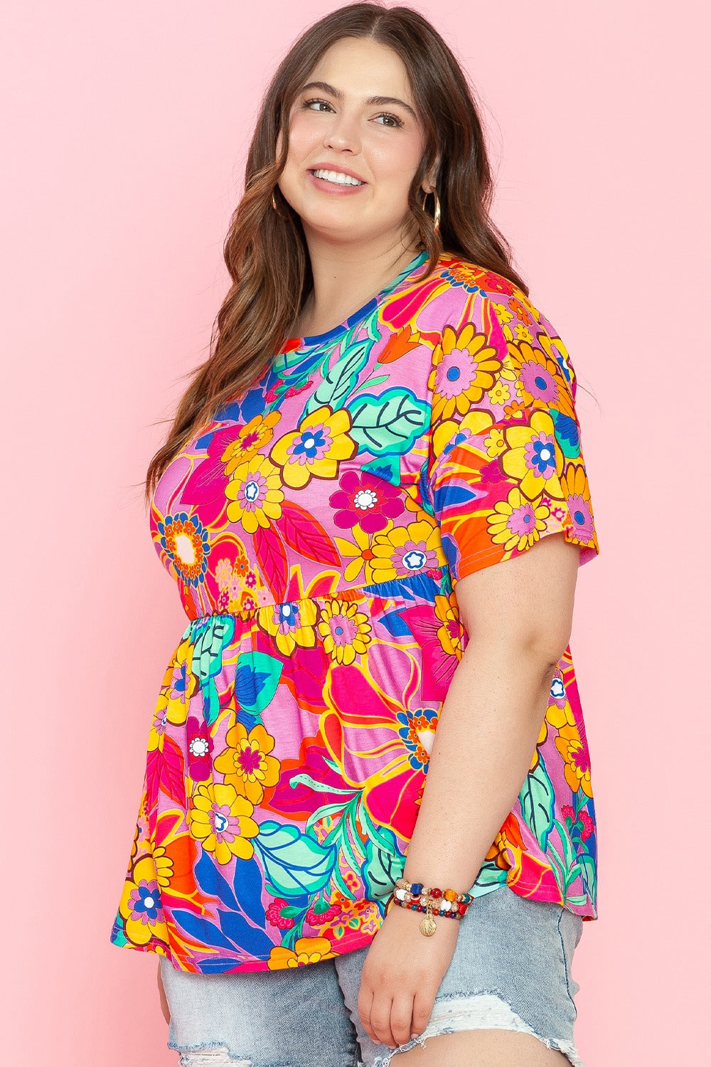 Plus Size Printed Round Neck Short Sleeve Top