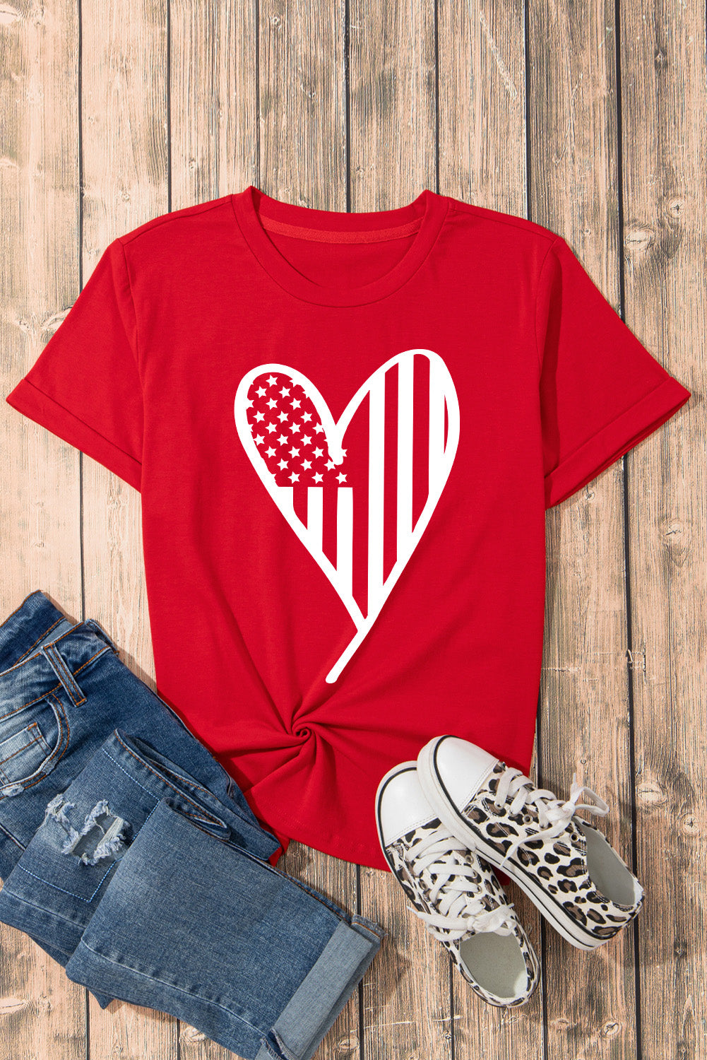 Full Size Heart Round Neck Short Sleeve T-Shirt