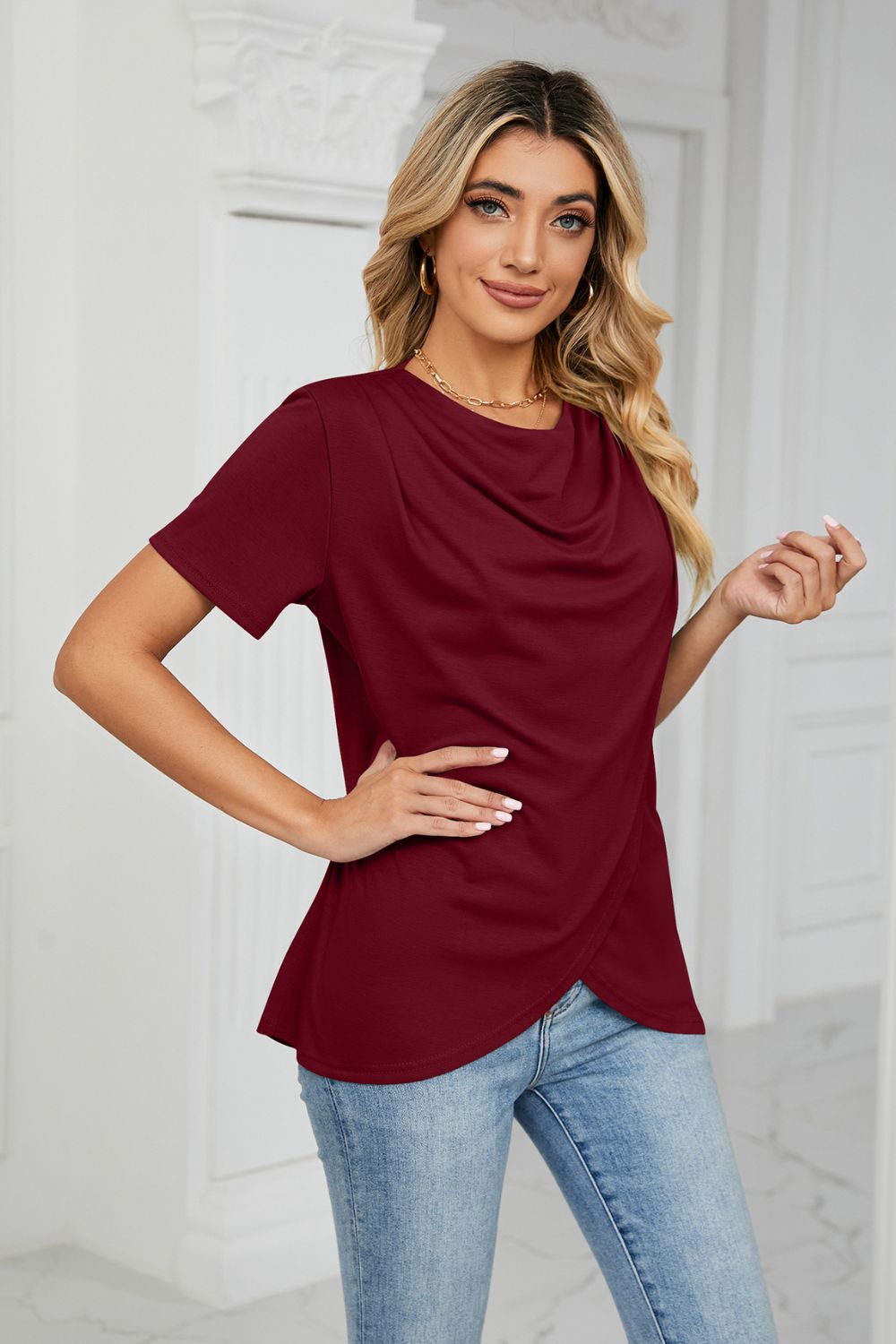 Cowl Neck Tulip Hem T-Shirt