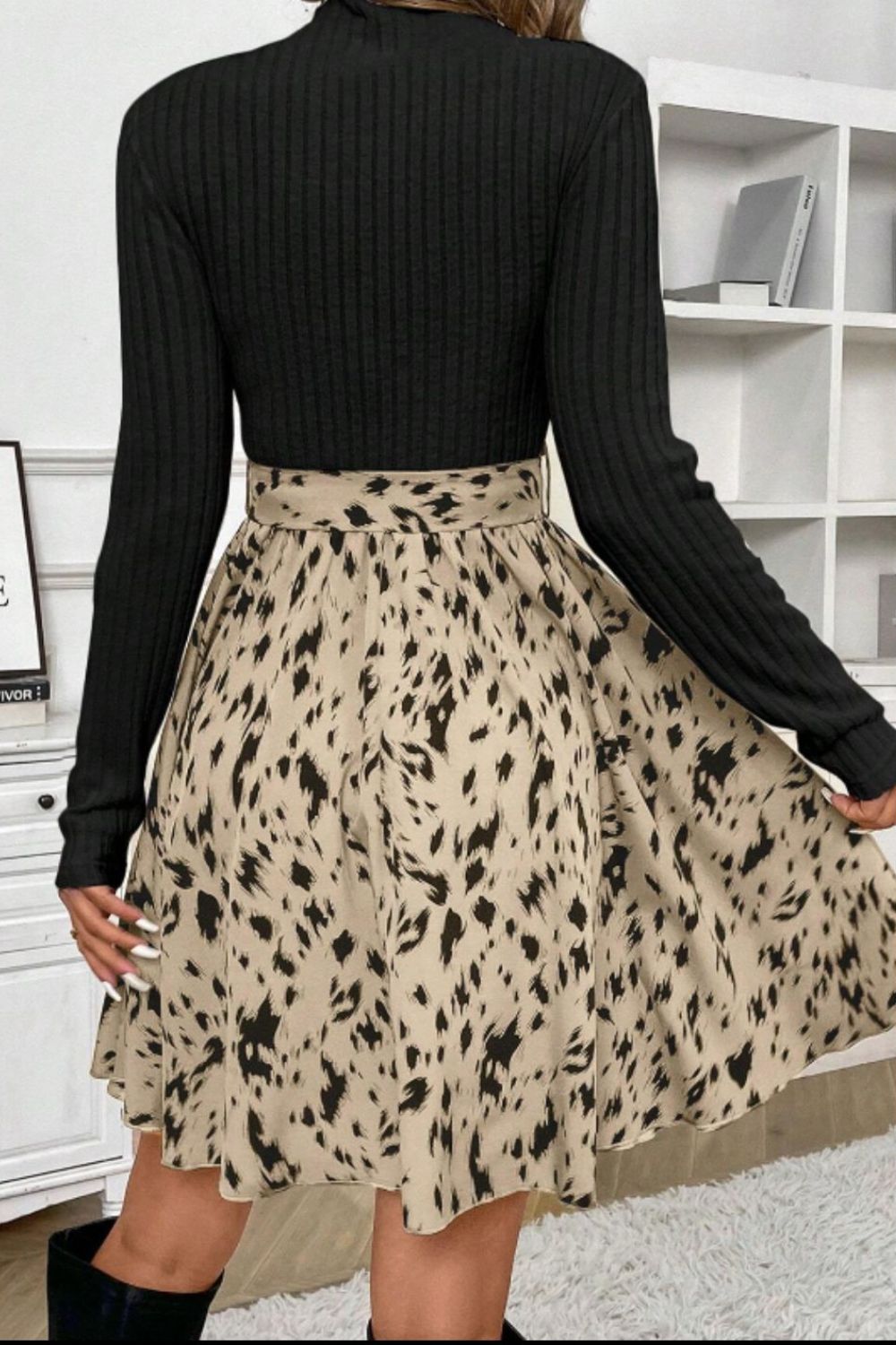 Printed Tie Waist Mock Neck Long Sleeve Dress