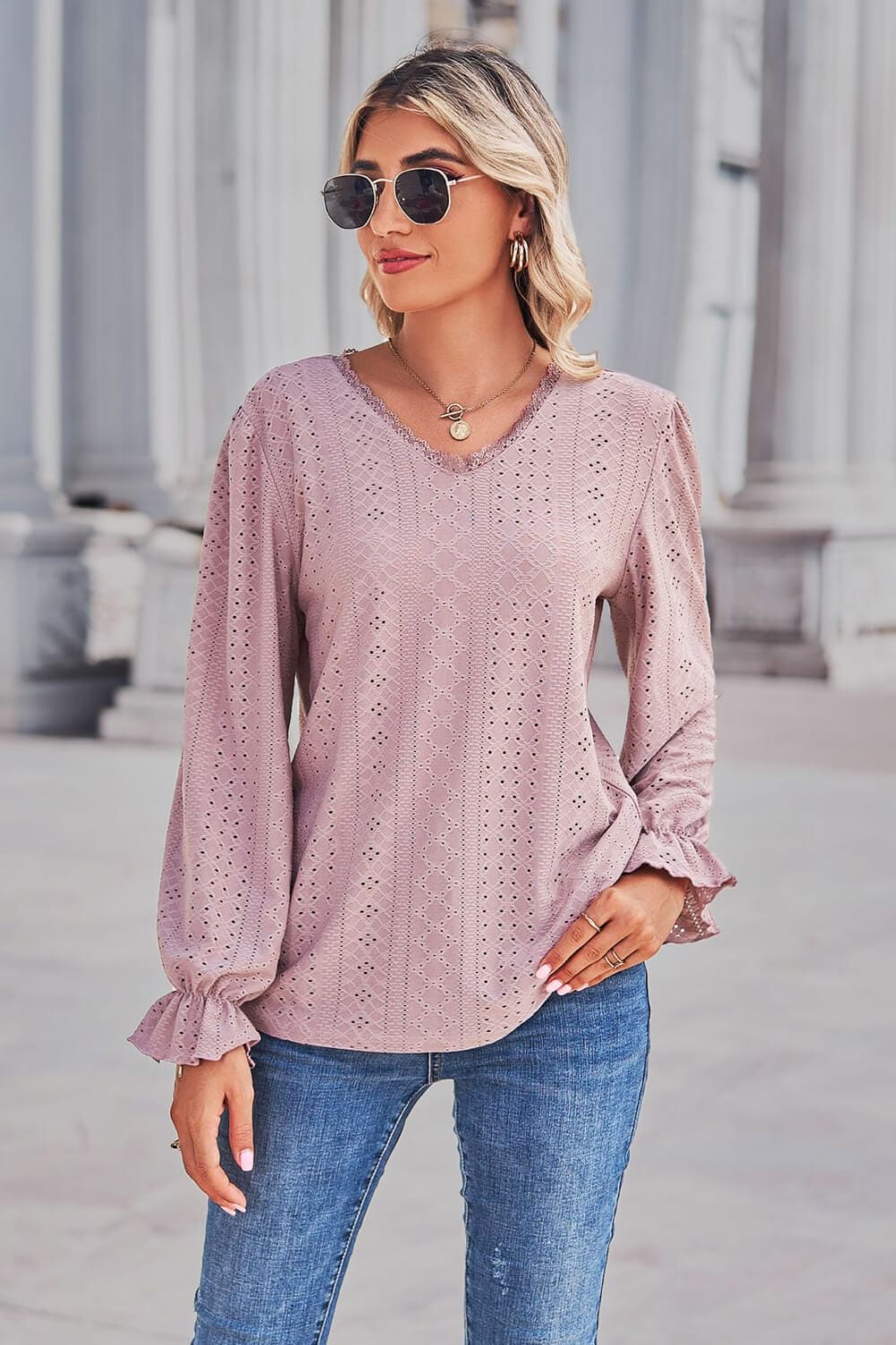 Lace Trim V-Neck Flounce Sleeve Top