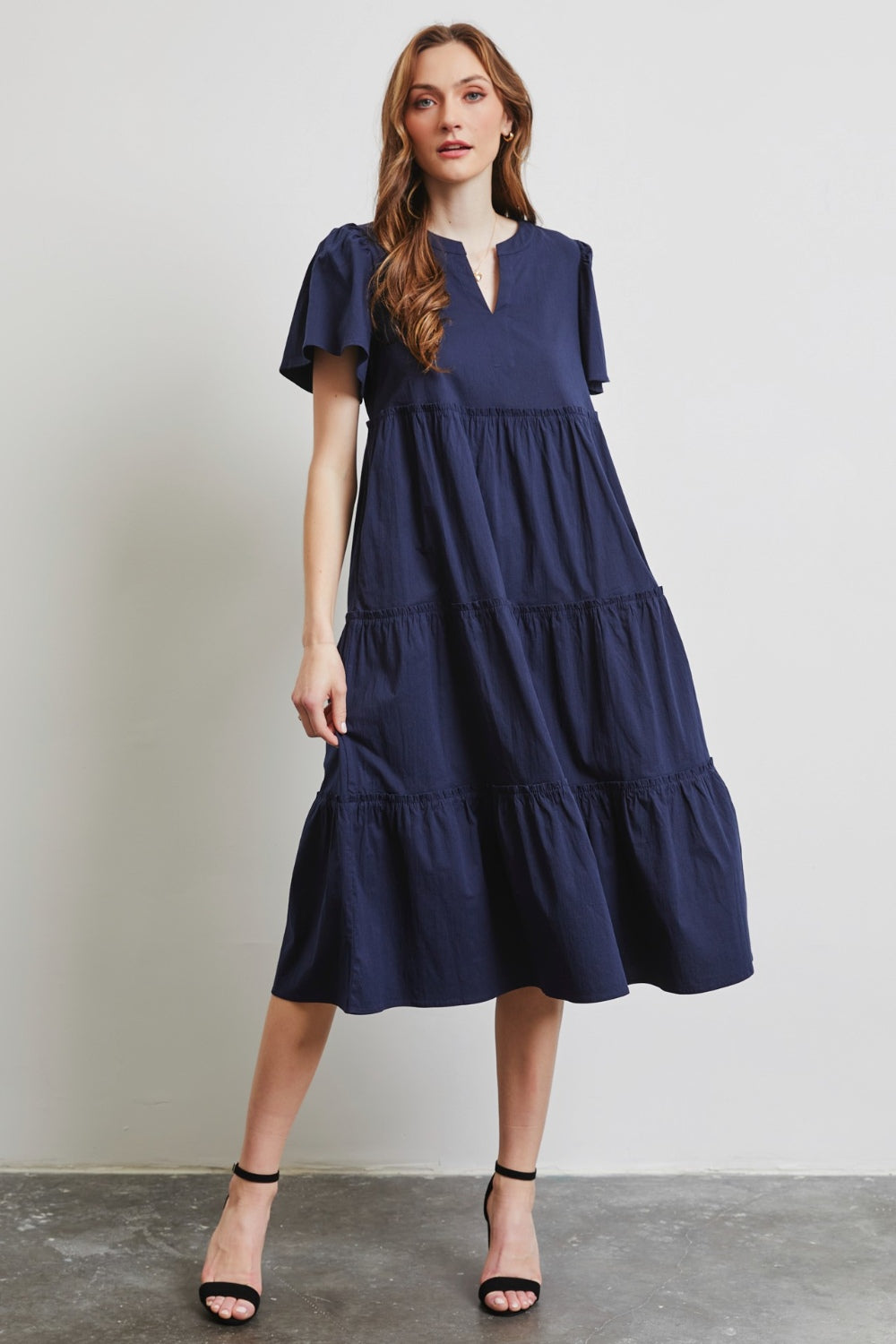 HEYSON Full Size Navy Blue Cotton Poplin Ruffled Tiered Midi Dress