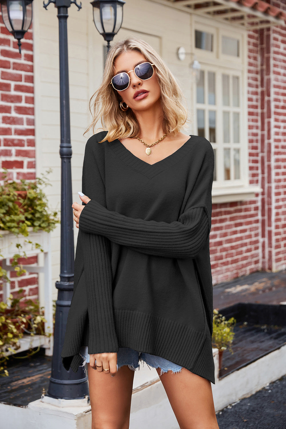 Slit V-Neck Dropped Shoulder Sweater