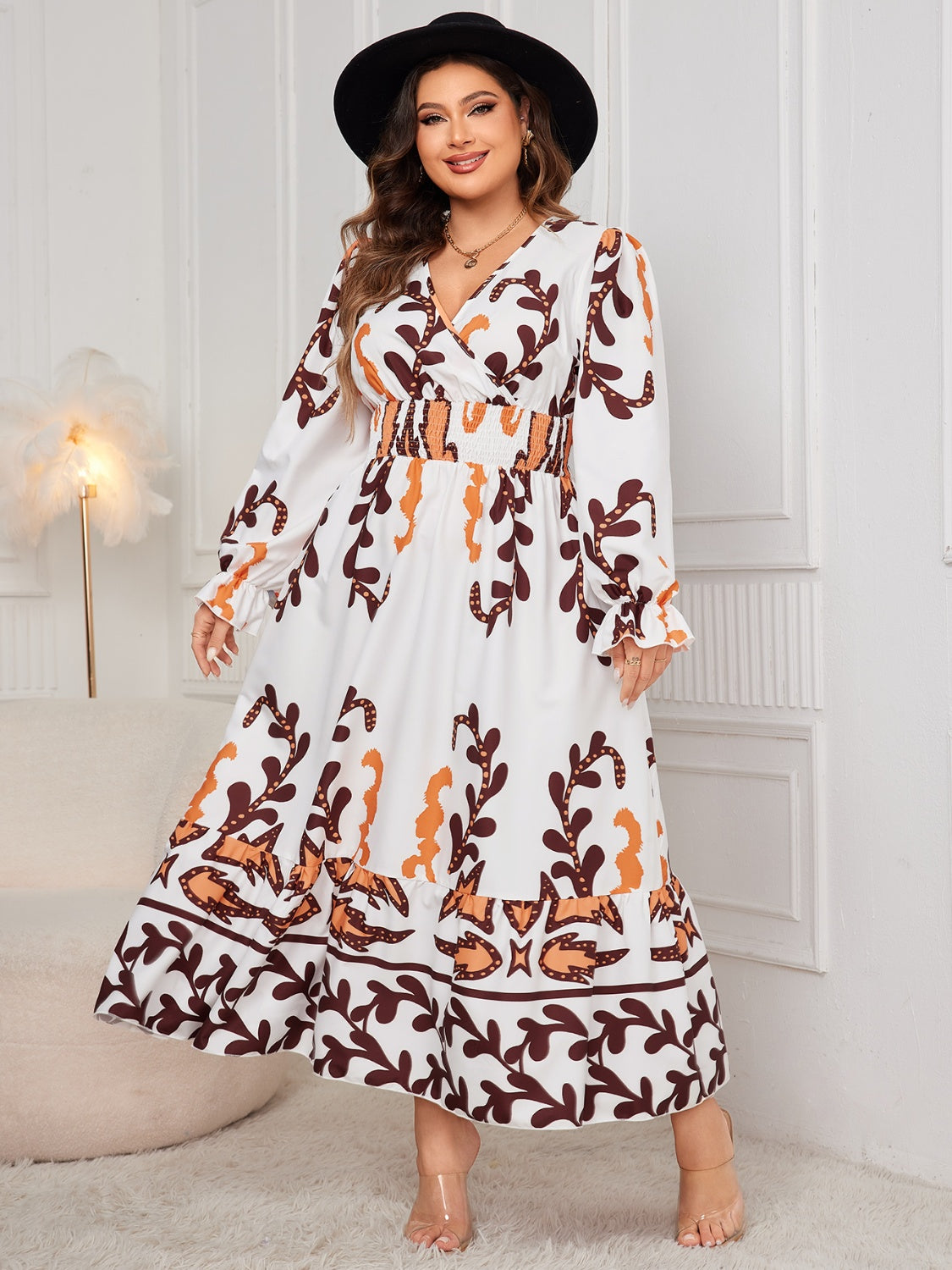 Plus Size Printed Surplice White Flounce Sleeve Dress