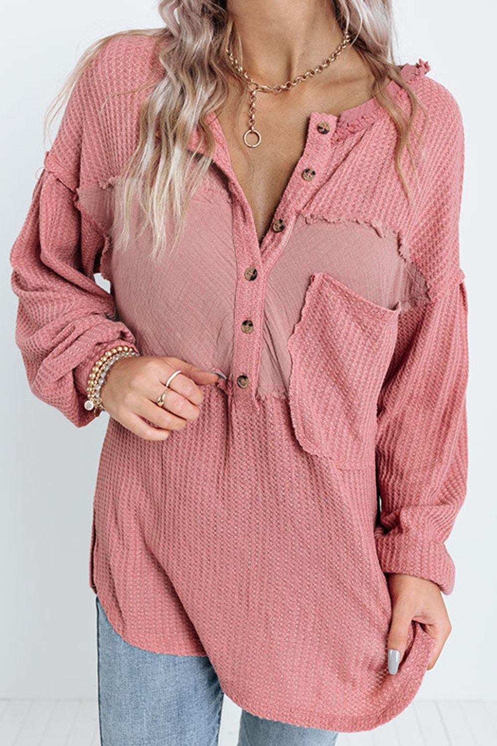 Half Button Raw Hem Long Sleeve Blouse