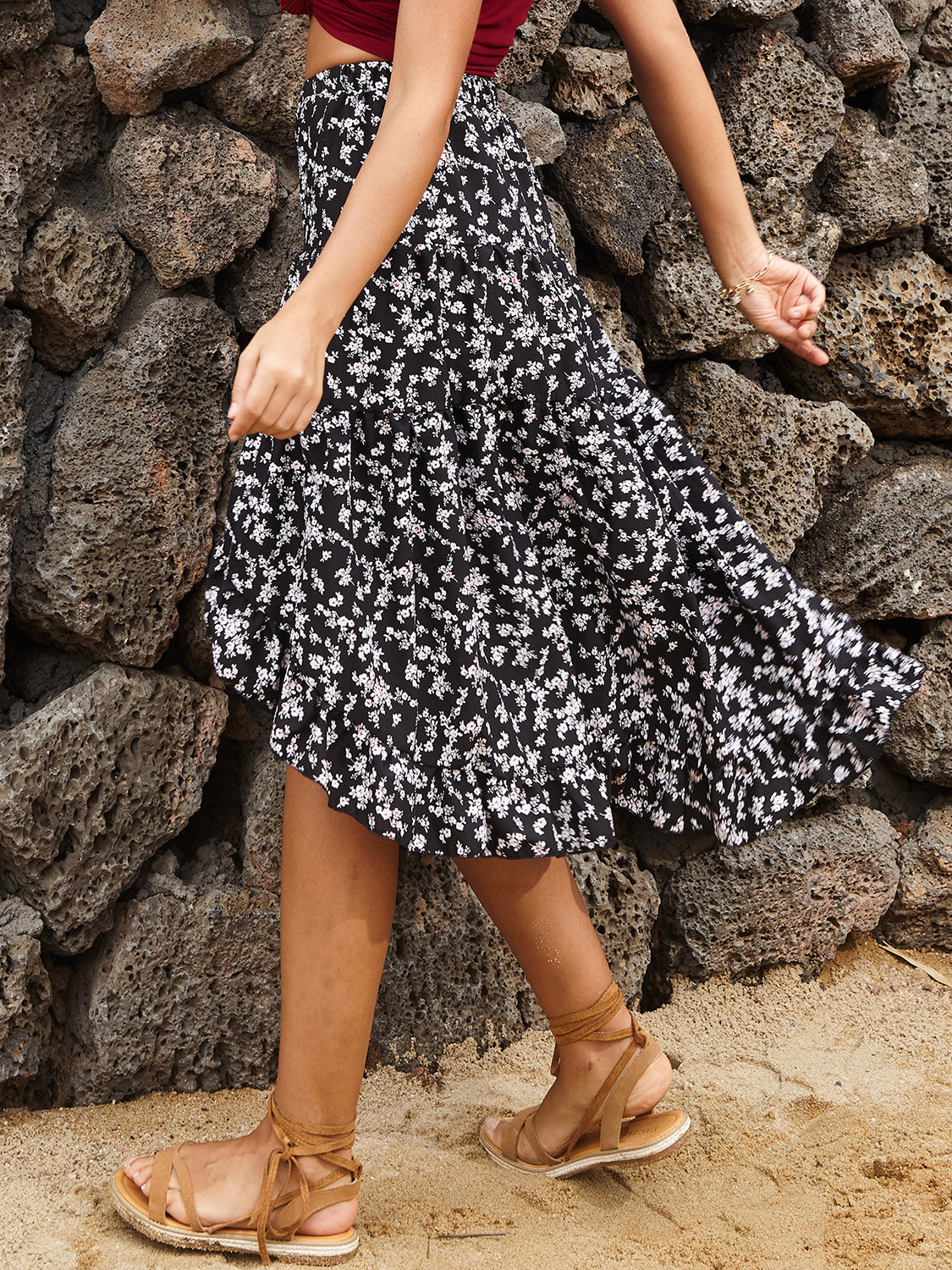 Perfee Printed Elastic Waist Skirt