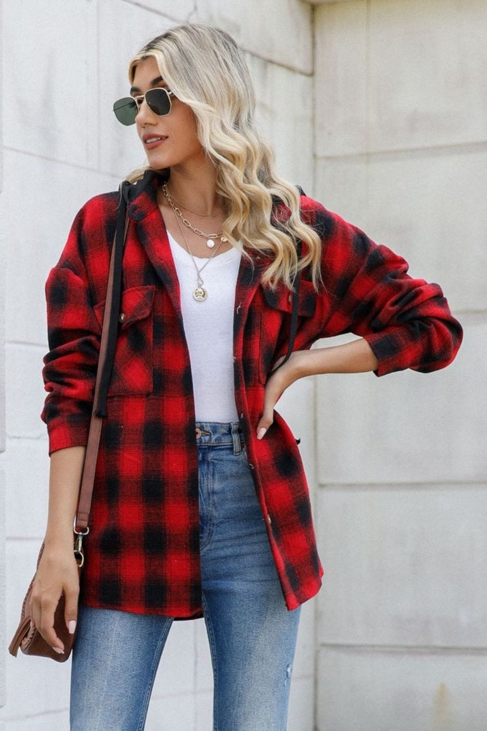 Drawstring Plaid Long Sleeve Hooded Shacket