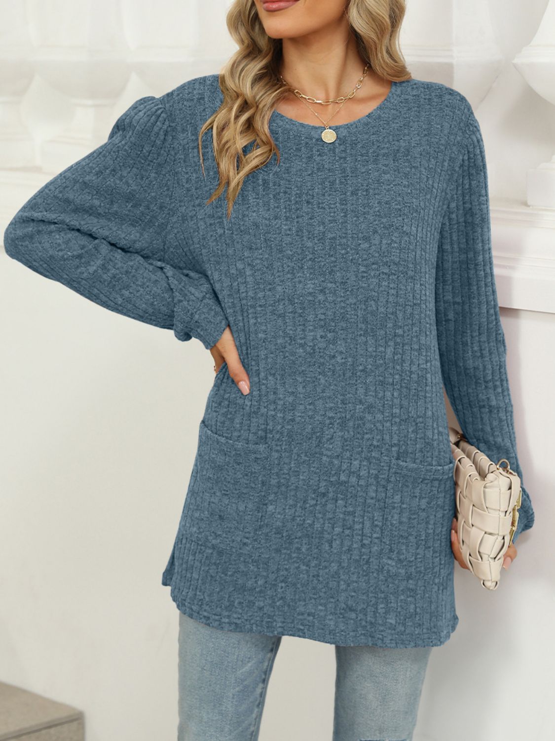 Full Size Pocketed Round Neck Long Sleeve T-Shirt