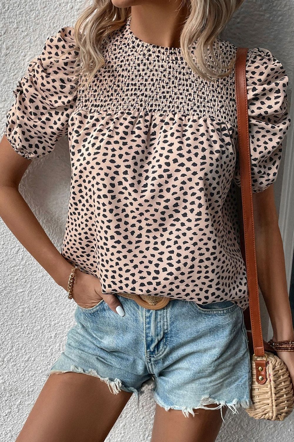 Smocked Animal Print Puff Sleeve Blouse