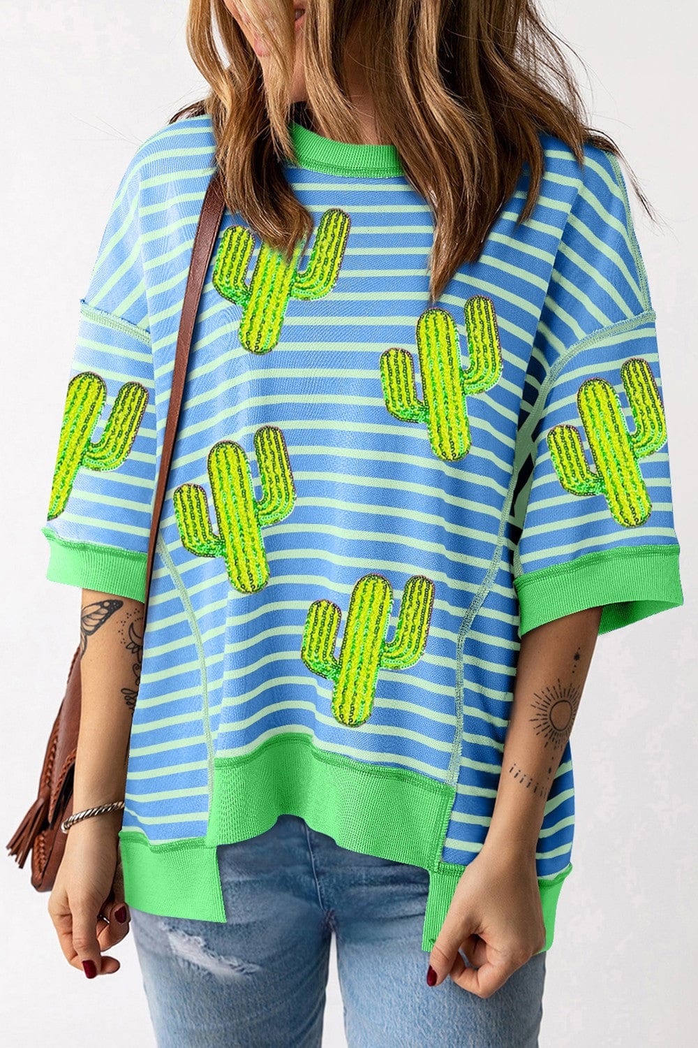 Cactus Striped Round Neck Half Sleeve T-Shirt