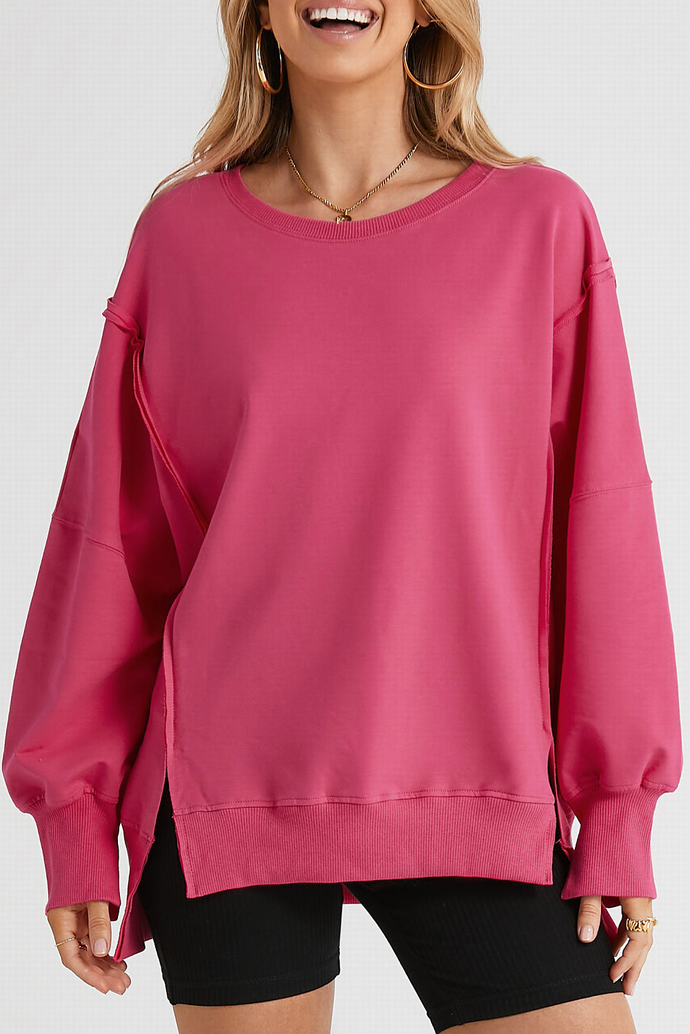 Full Size Slit Exposed Seam Round Neck Sweatshirt