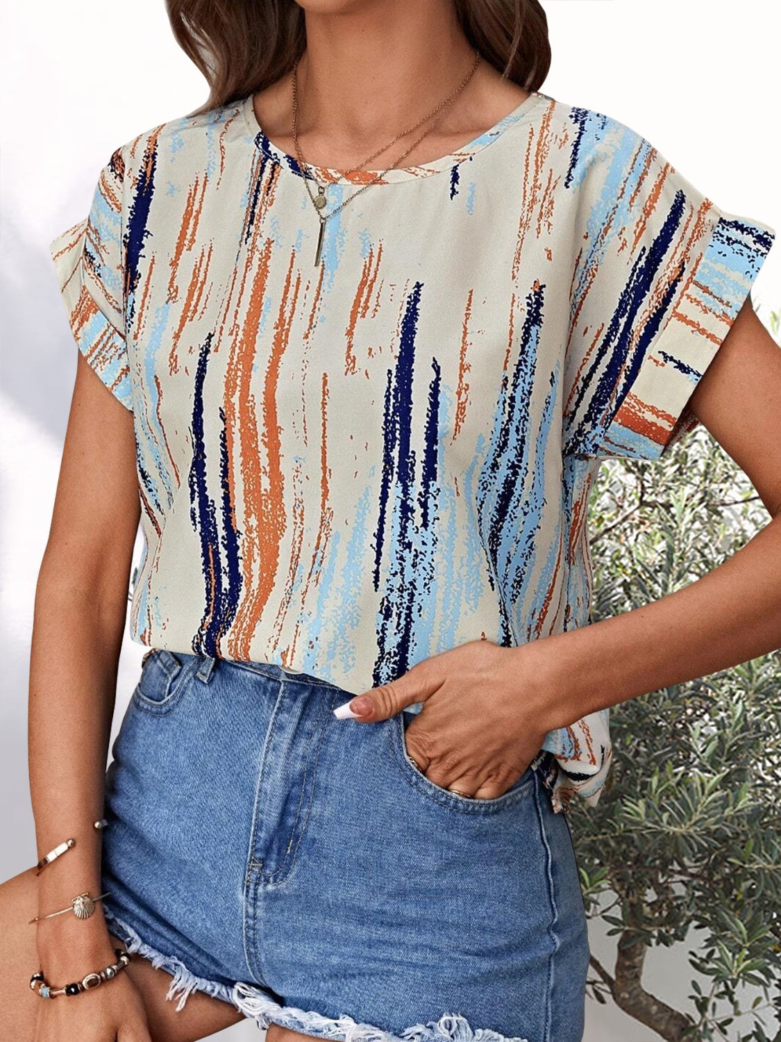 Printed Round Neck Short Sleeve Blouse