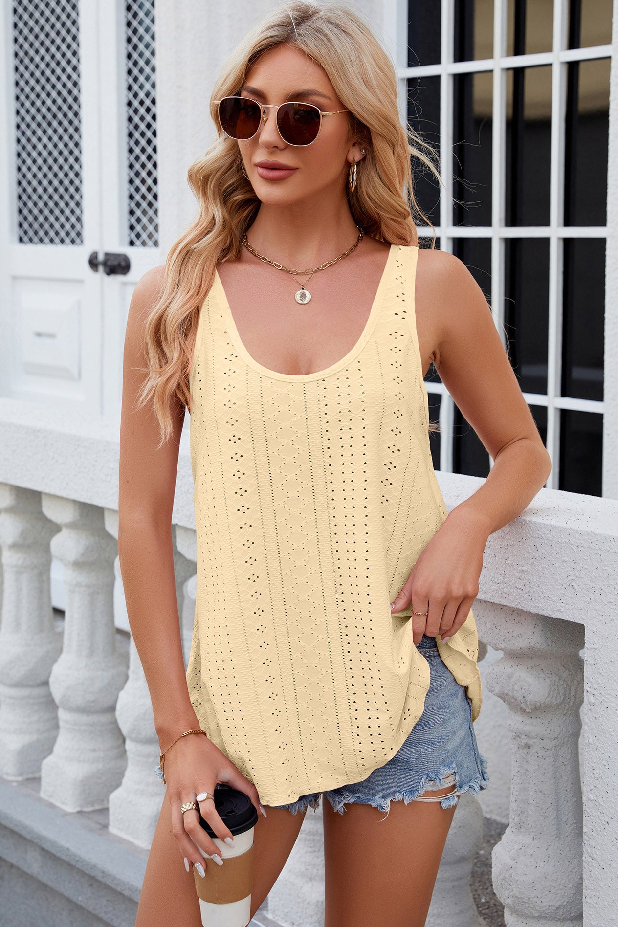 Eyelet Scoop Neck Wide Strap Tank