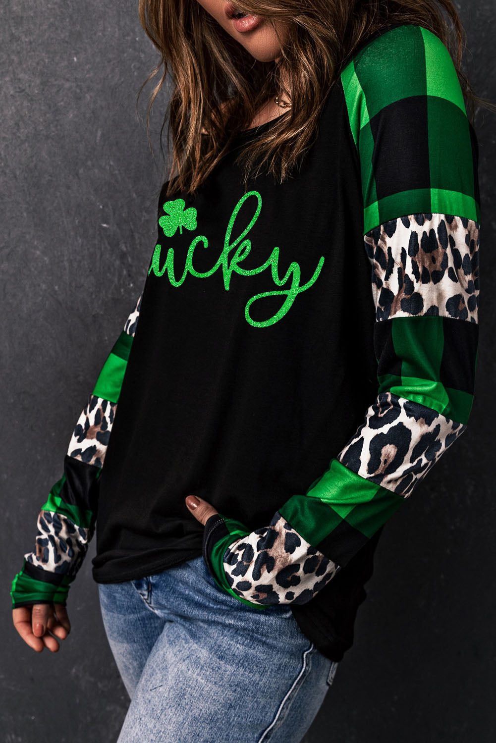 Full Size LUCKY Plaid Long Sleeve T-Shirt