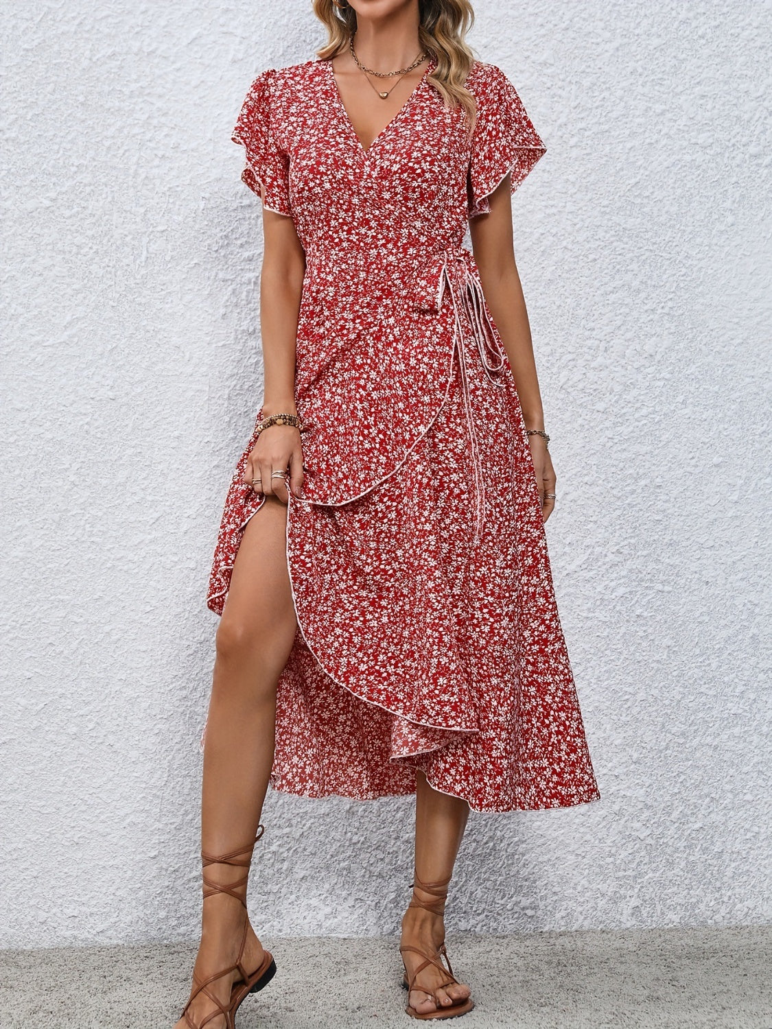 Full Size Printed Surplice Flutter Sleeve Midi Dress