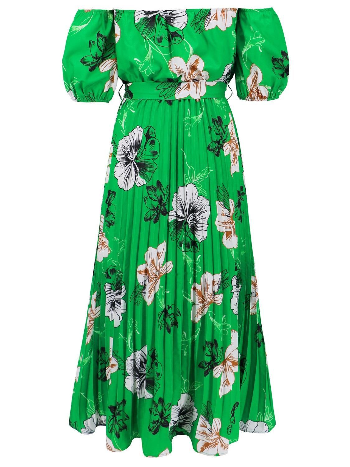 Full Size Pleated Floral Off-Shoulder Short Sleeve Midi Dress