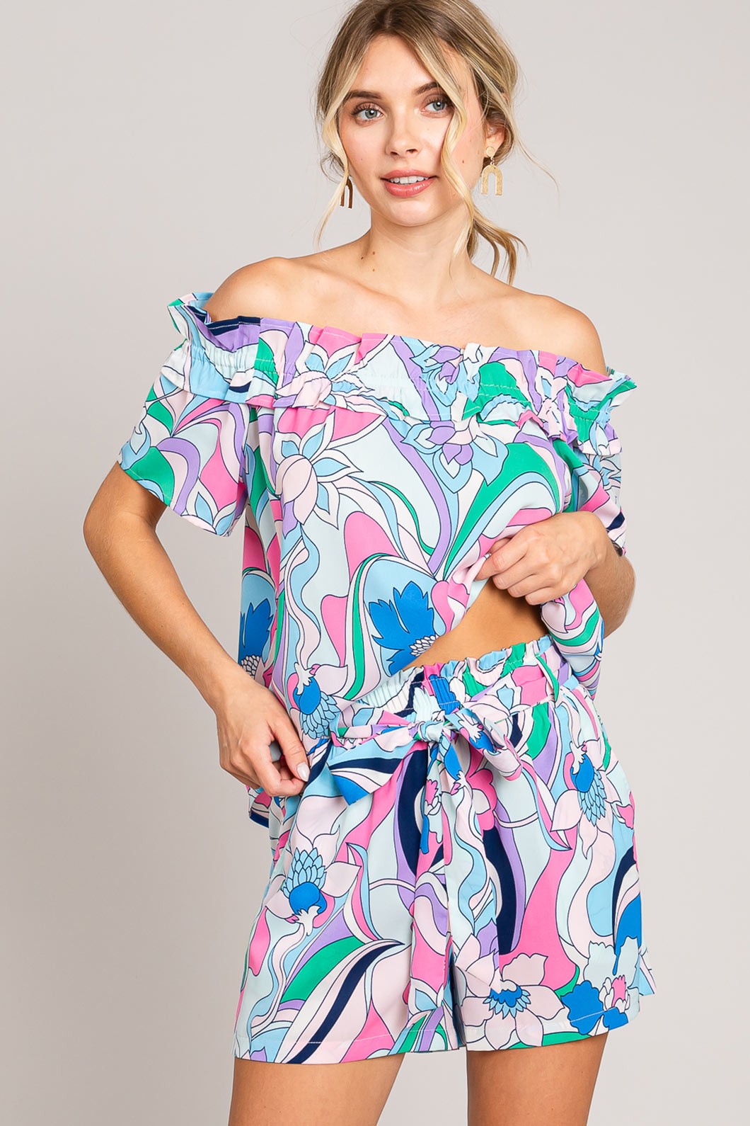 Cotton Bleu by Nu Label Blue Abstracted Print Tie Front Shorts