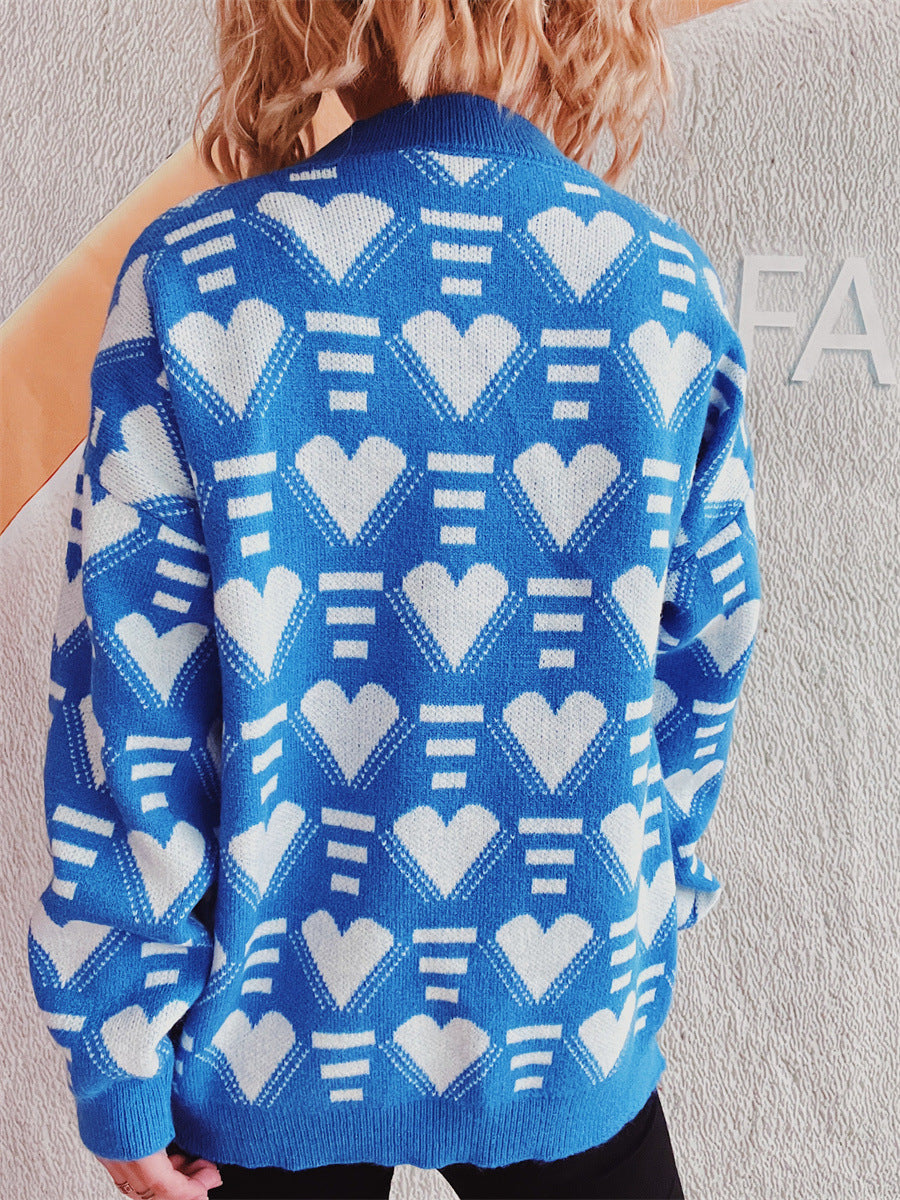 Heart Contrast Long Sleeve Dropped Shoulder Sweater