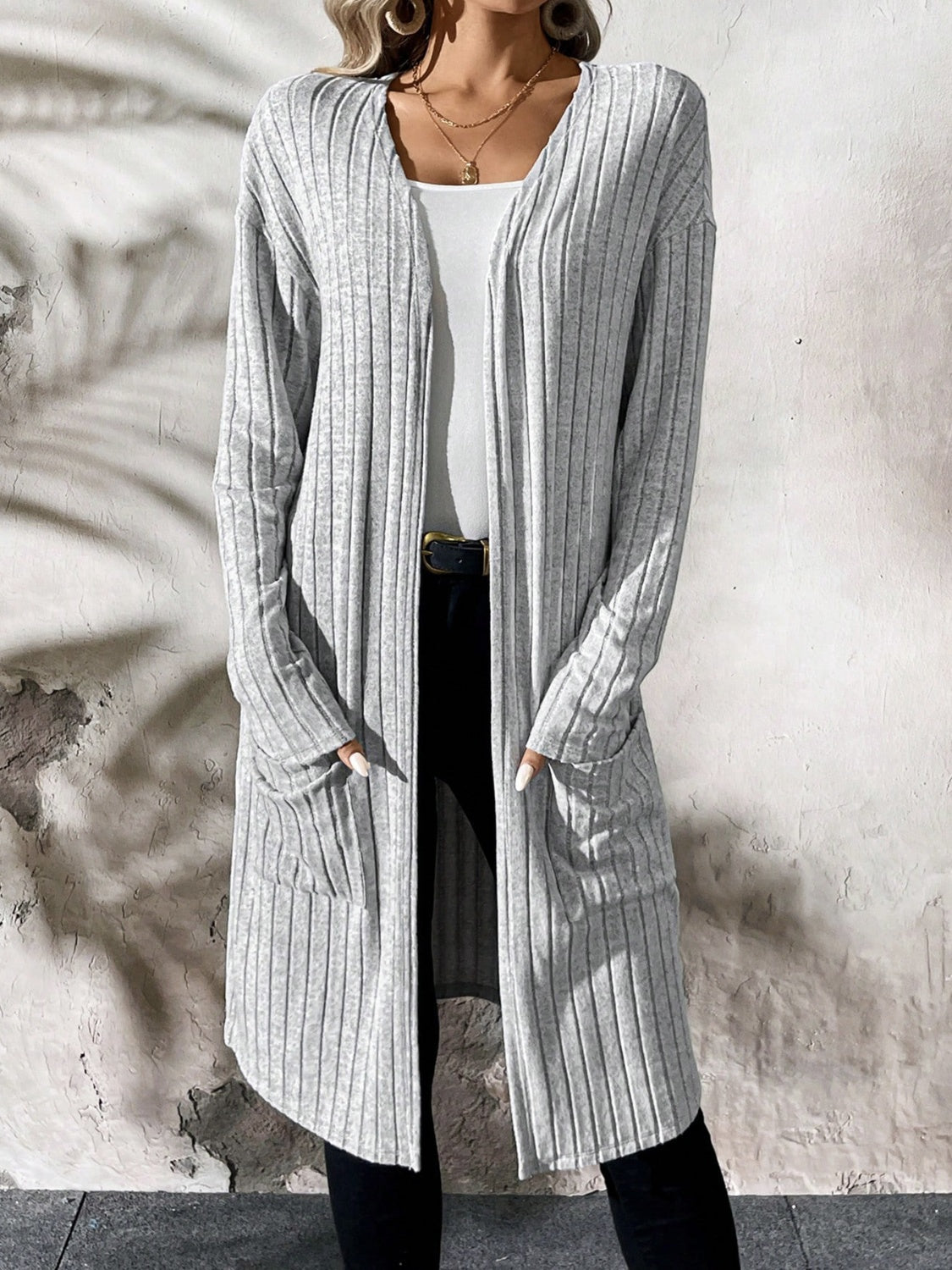 Ribbed Open Front Long Sleeve Cardigan with Pockets