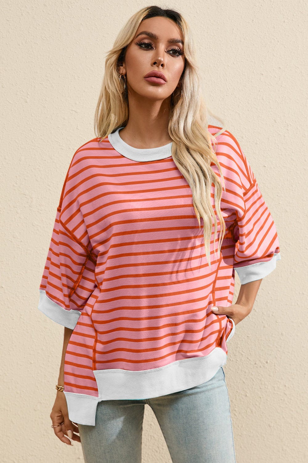 Full Size Striped Round Neck Half Sleeve T-Shirt