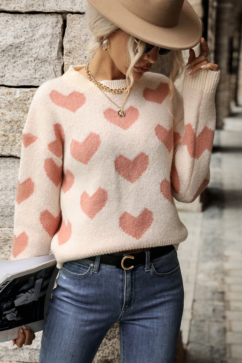 Heart Pattern Dropped Shoulder Sweater