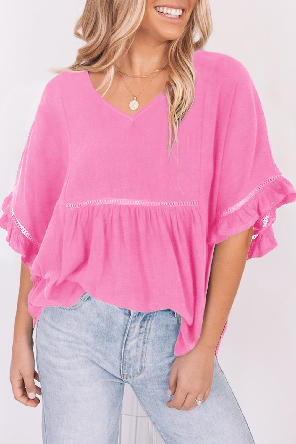 SO YOU V-Neck Flounce Sleeve Babydoll Blouse