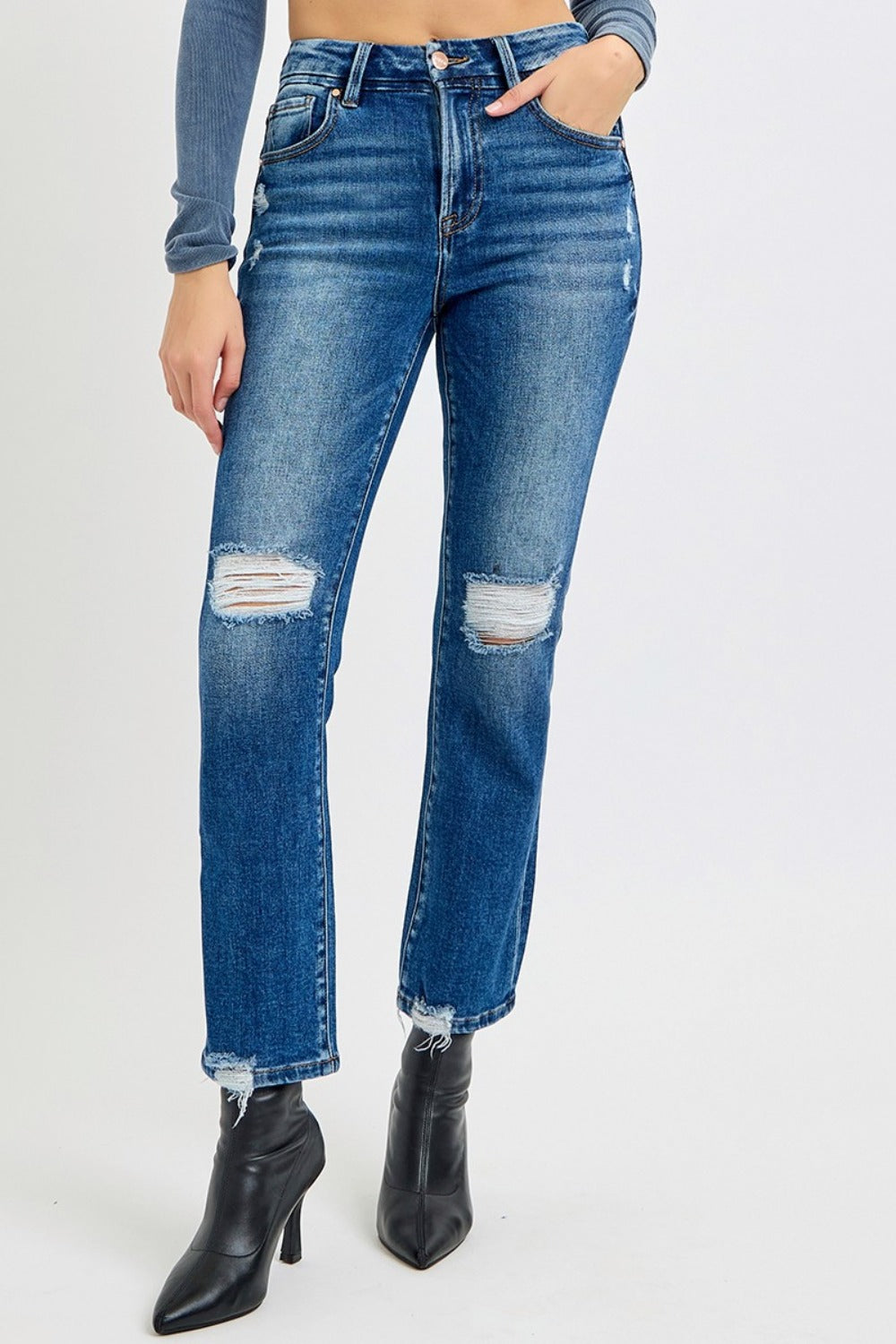 RISEN Full Size High Rise Distressed Crop Straight Jeans