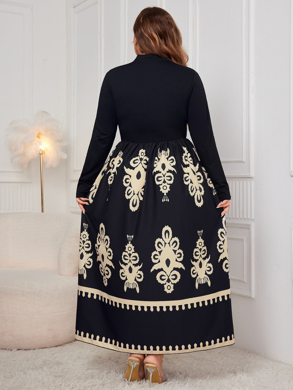 Plus Size Printed Mock Neck Black Long Sleeve Dress