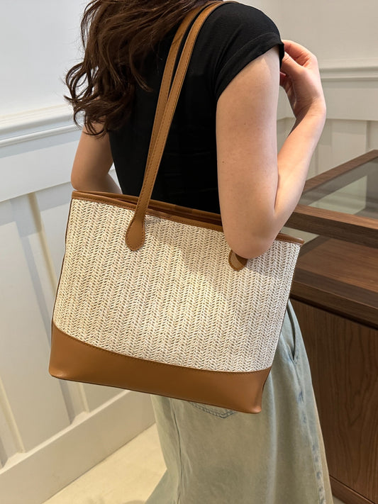 Sage & Lynnia Contrast Straw Woven Tote Bag