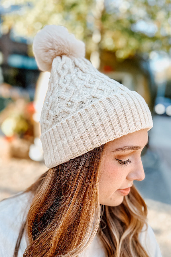 Cream Fur Pom Pearl Beanie