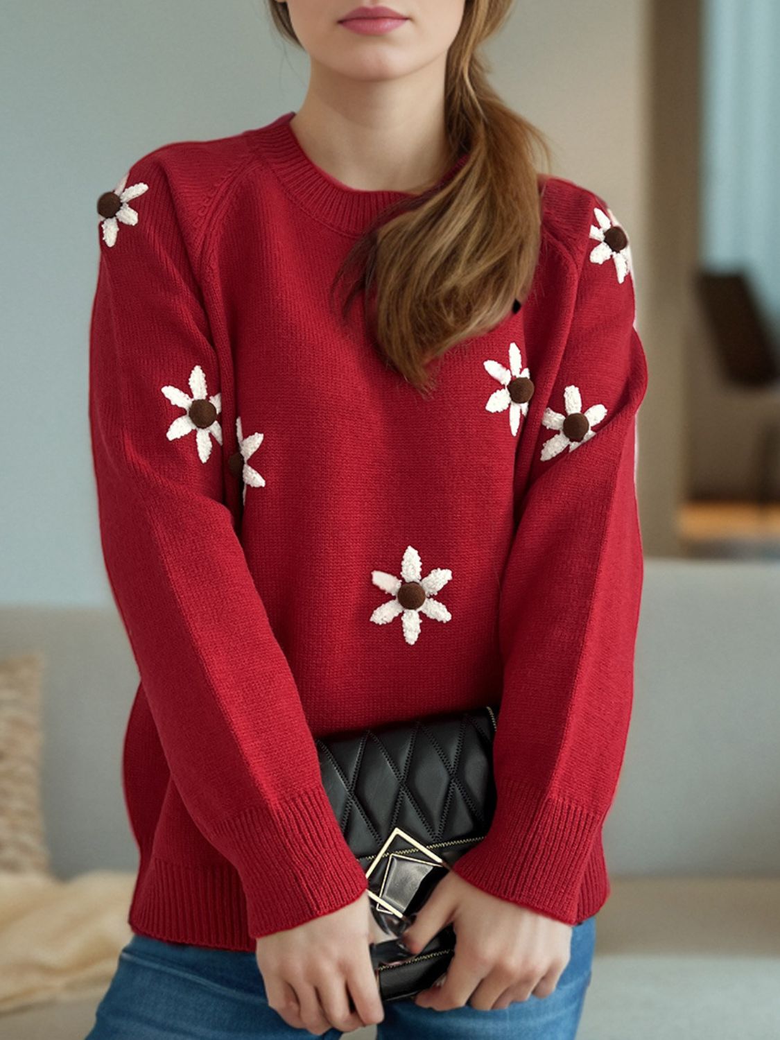 Flower Round Neck Raglan Sleeve Sweater